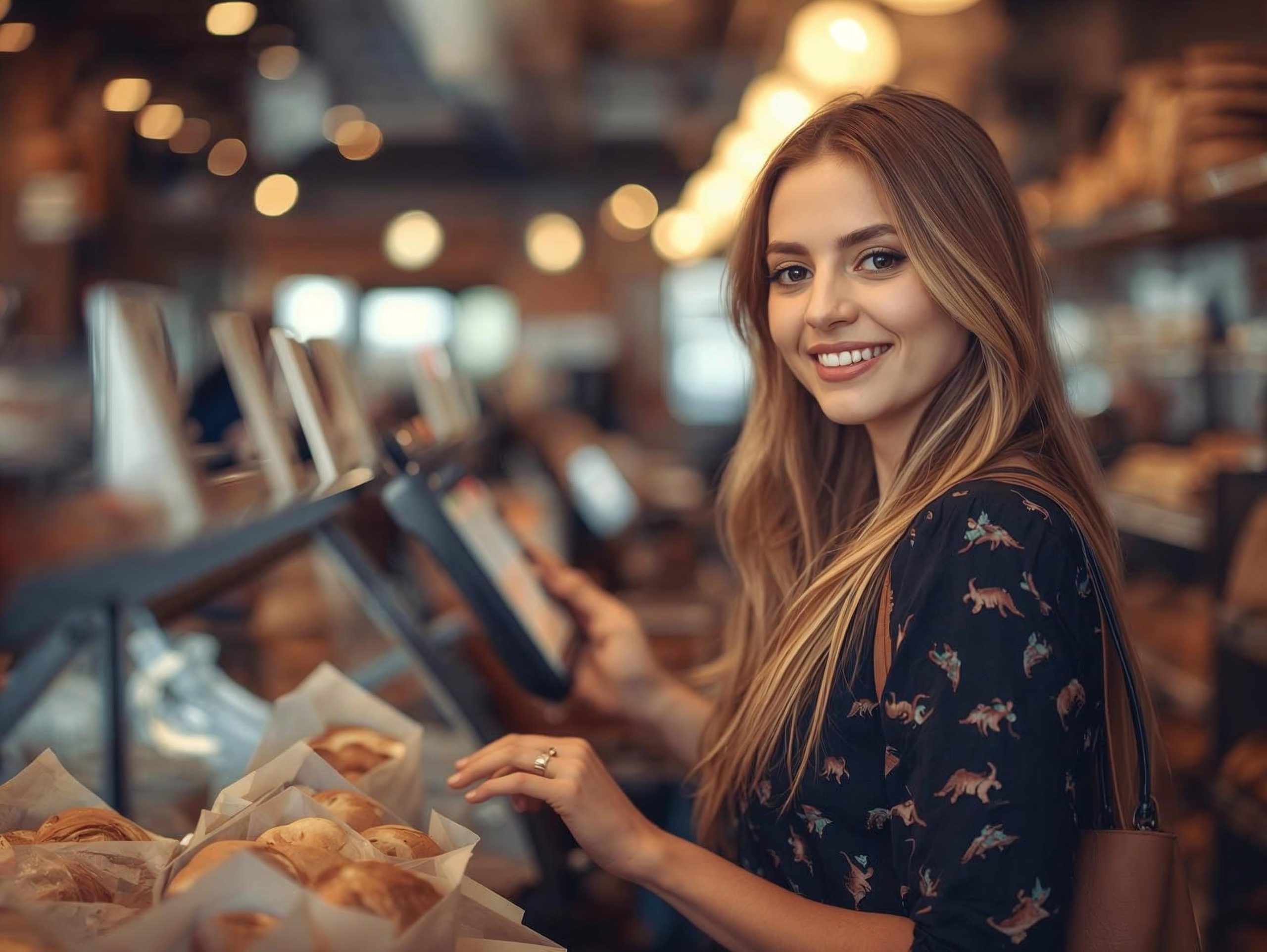 Kundin beim Bezahlen am Selfserviceterminal in einer Bäckerei - Bild von Matthias Buchholz mit Canva Pro Kundin beim Bezahlen am Selfserviceterminal in einer Bäckerei - Bild von Matthias Buchholz mit Canva Pro