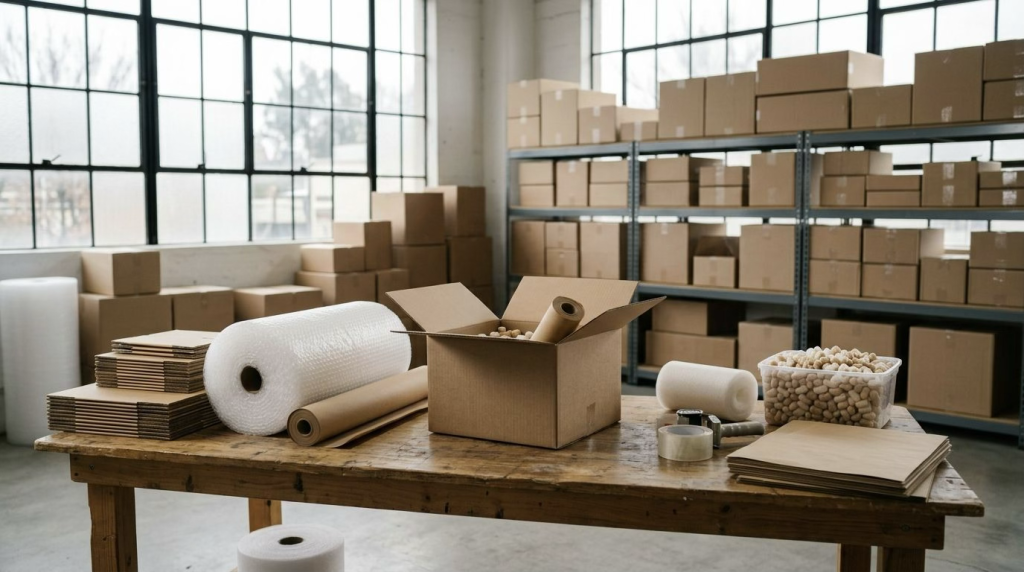 Verpackungslogistik im Mittelstand - Leitfaden zur Materialauswahl beim Sichern von Versandgütern - Bild generiert mit Nano Banana 2
